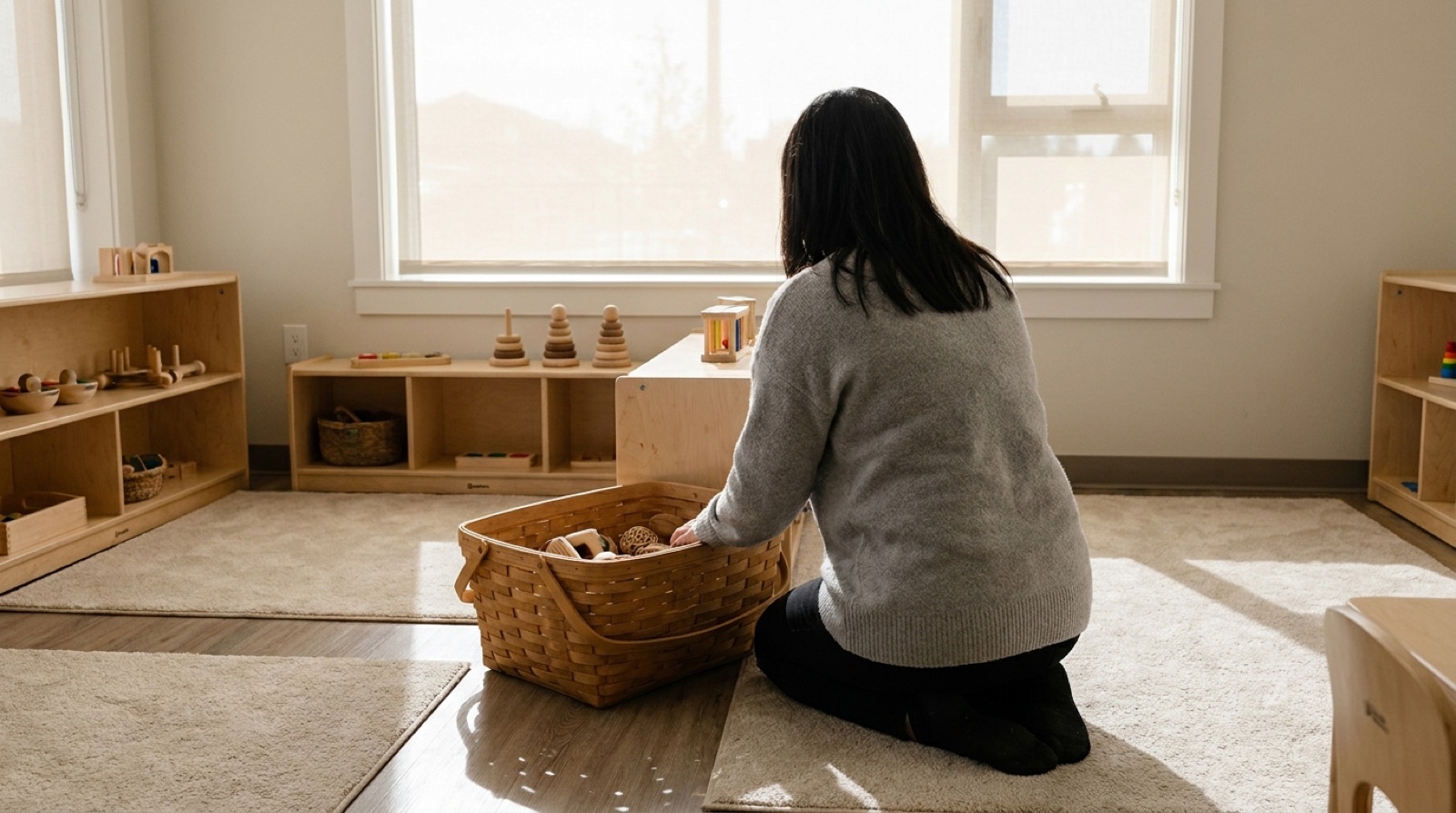 A calm infant and toddler room with wooden treasure baskets and soft rugs